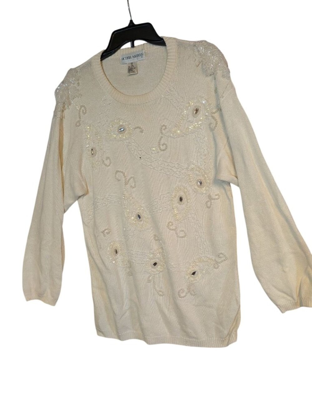 Victoria Harbour Womens Cream Beaded Sweater M 55% Ramie 45% Cotton Embellished